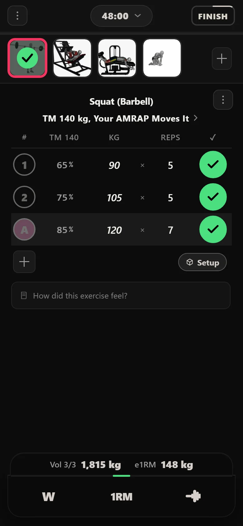 Durata logger: Squat (Barbell) at 120 kg