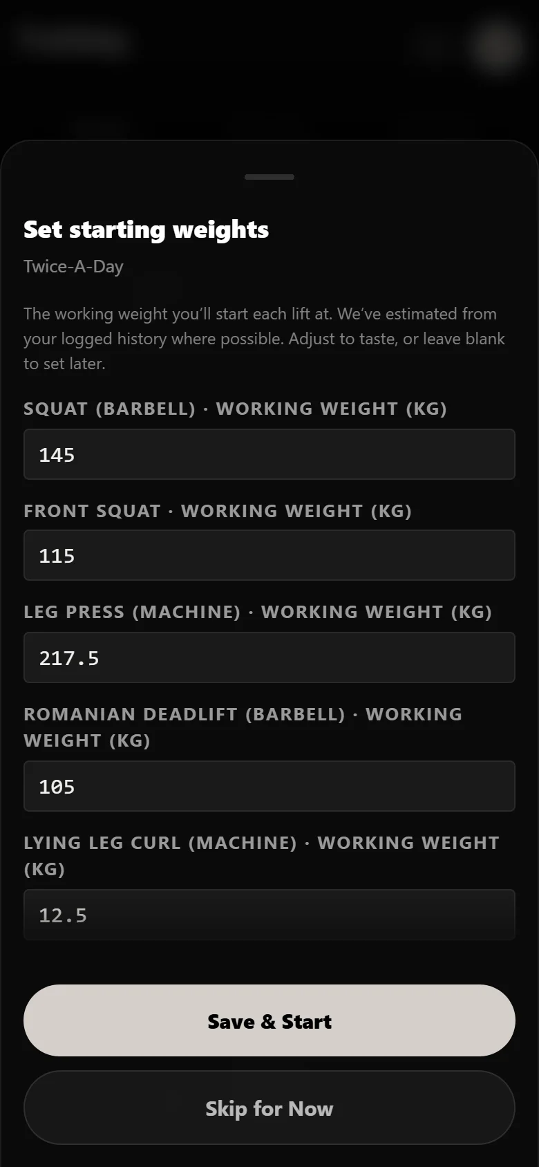 Twice-A-Day setup sheet in Durata asking for a working weight per lift