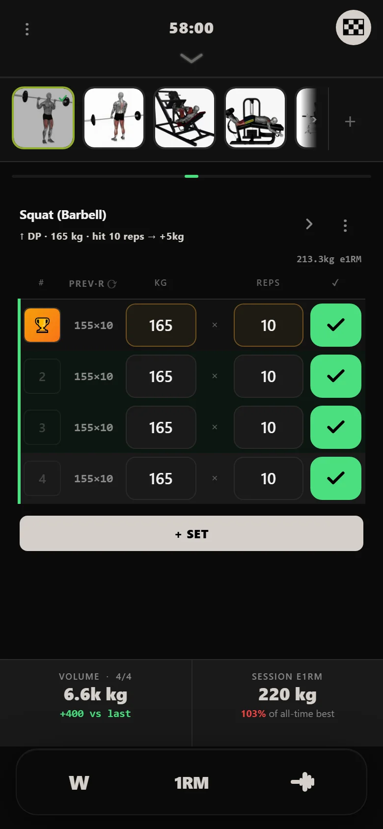 Durata logger — squat at 165 kg on the last session of the block