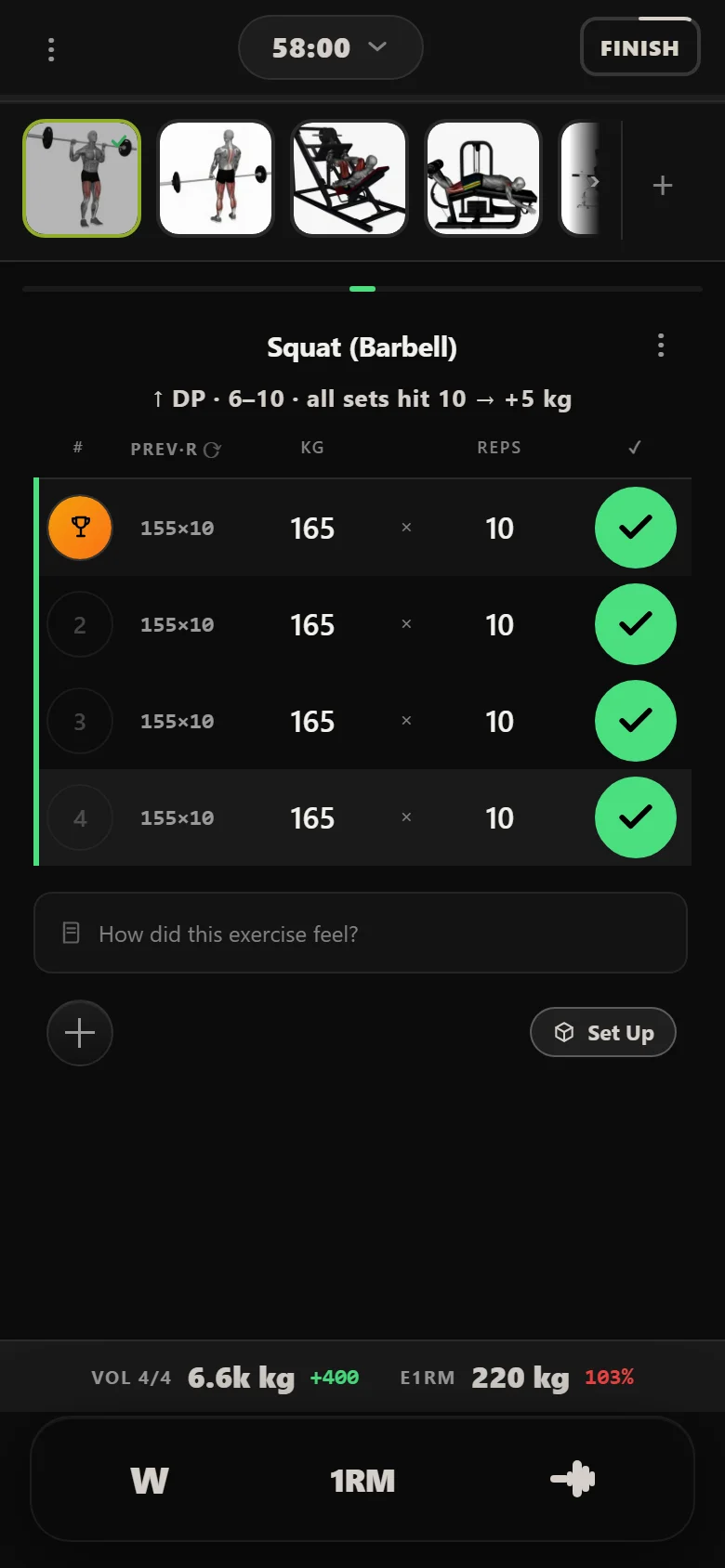 Durata logger: squat at 165 kg on the last session of the block