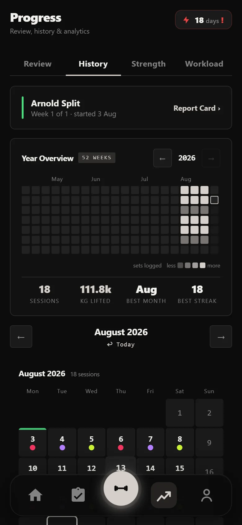 Durata history showing three weeks of the Arnold Split, six sessions a week