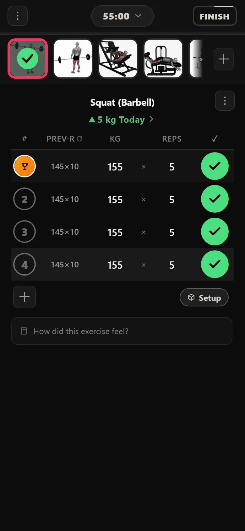 A missed squat session in Durata: 155 kg short of the rep target, weight held