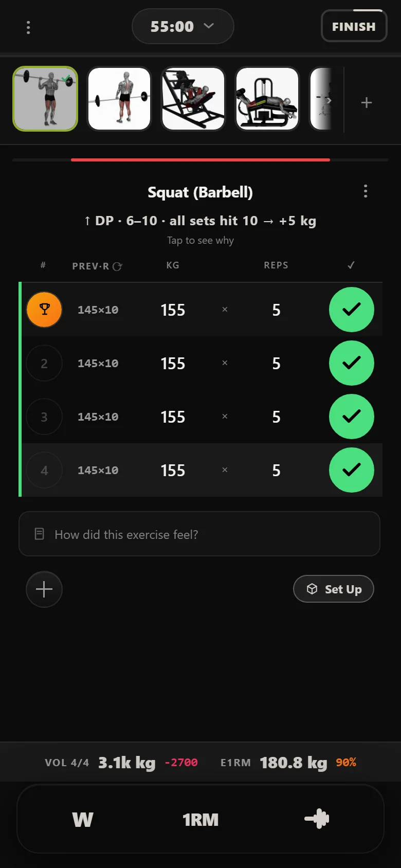 A missed squat session in Durata: 155 kg short of the rep target, weight held