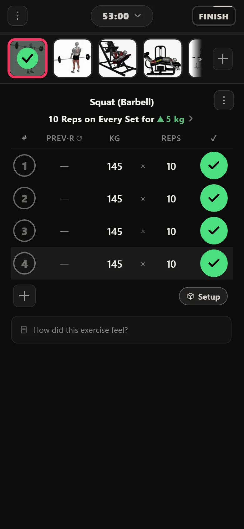 Durata logger: squat at 145 kg on the first Legs day