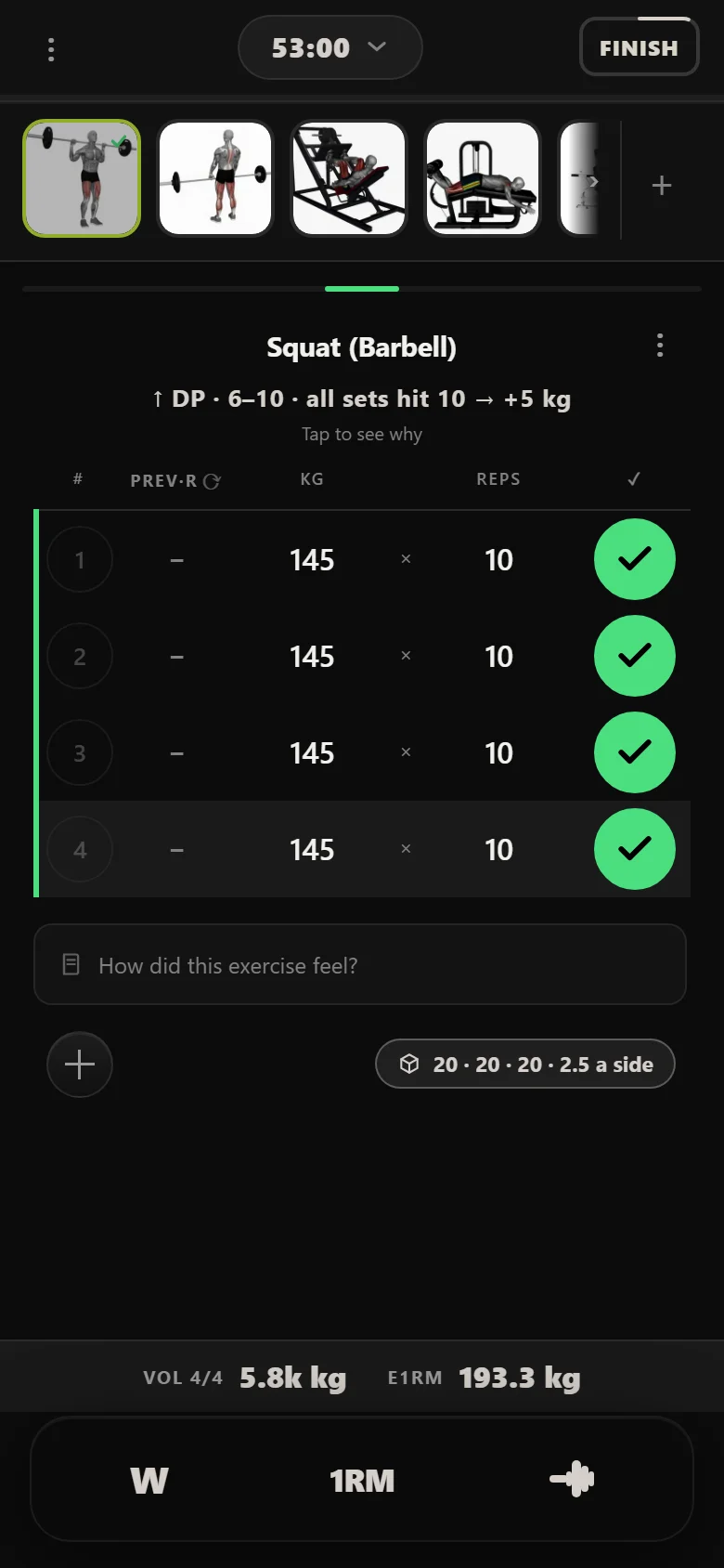 Durata logger: squat at 145 kg on the first Legs day
