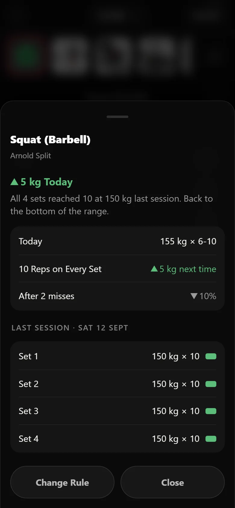 Durata's why-sheet for the squat's double-progression rule, showing the last session's sets and the next weight it earns