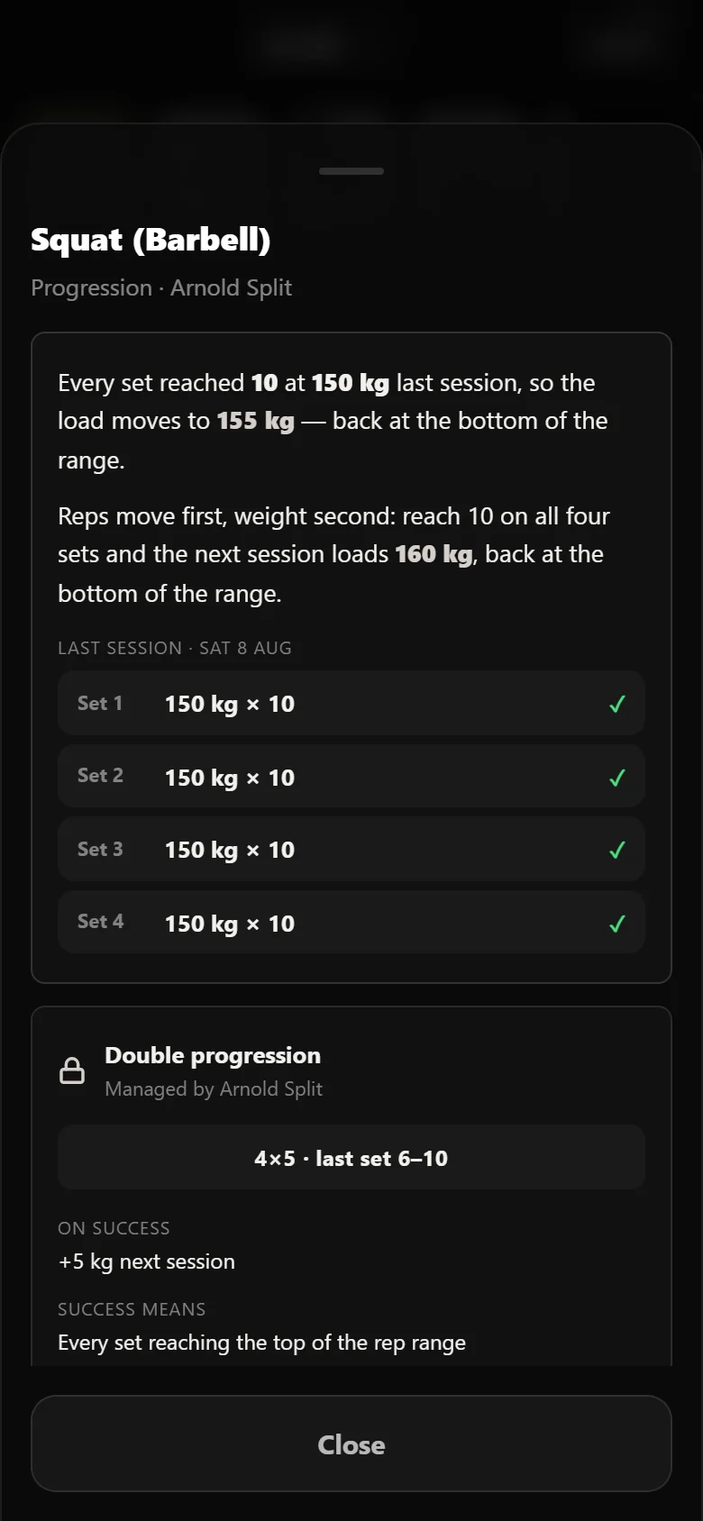 Durata's why-sheet for the squat's double-progression rule, showing the last session's sets and the next weight it earns
