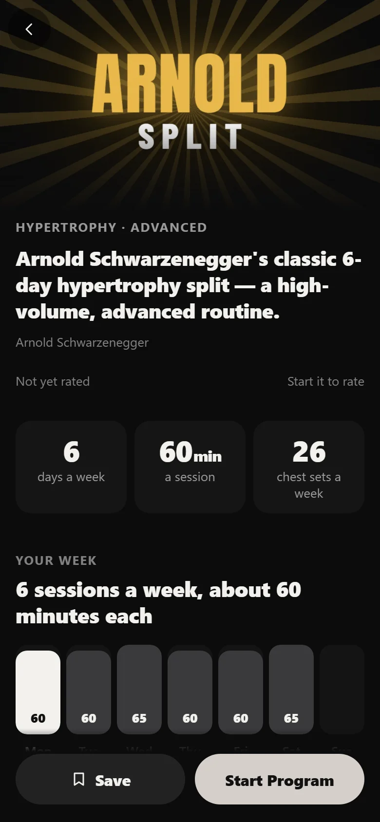 The Arnold Split program page in Durata showing the week of sessions before you start