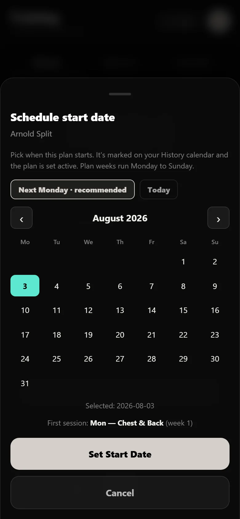 Choosing a start date for an Arnold Split block in Durata, marked on the history calendar