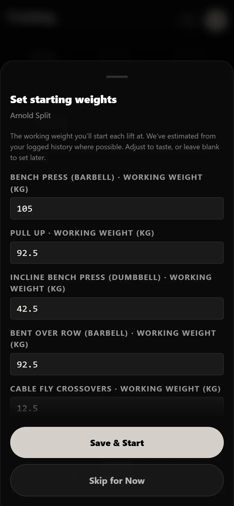 Setting starting working weights when beginning the Arnold Split in Durata, one weight per lift