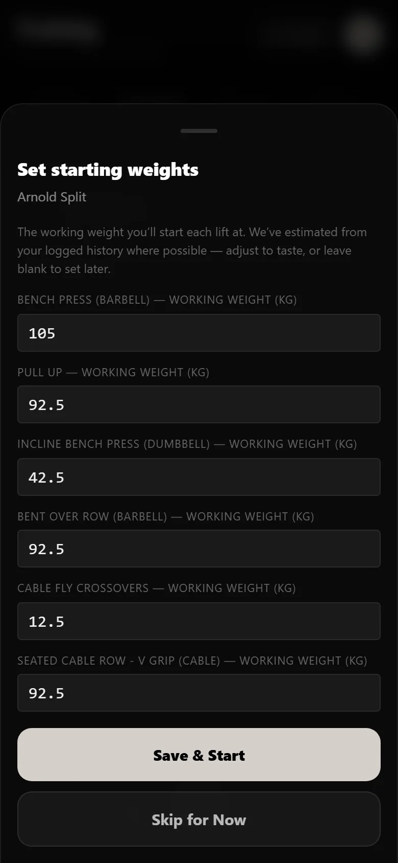 Setting starting working weights when beginning the Arnold Split in Durata, squat at 145 kg