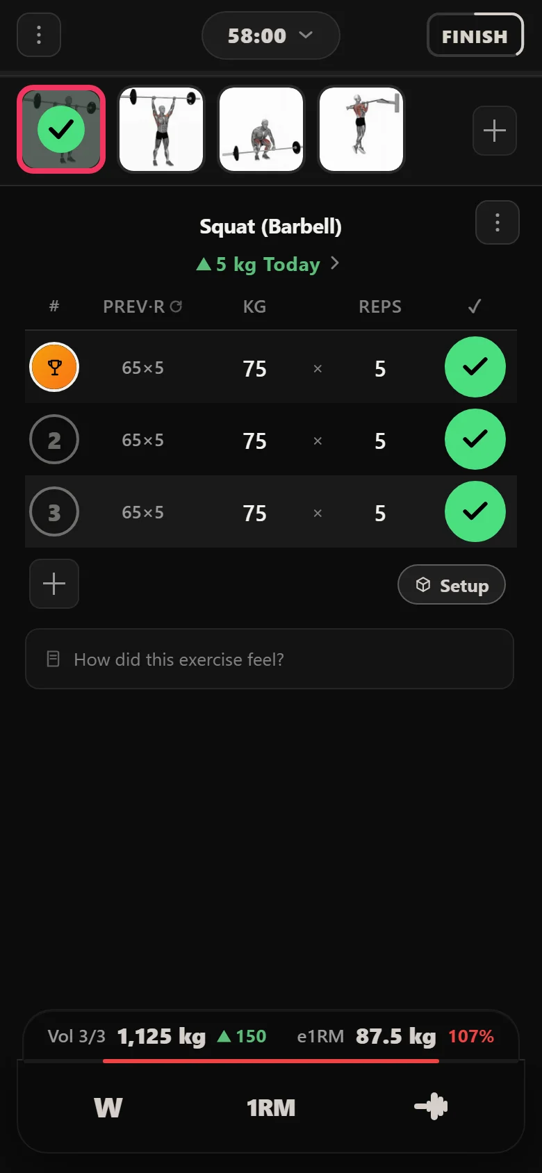 Squat at 75 kg after four sessions of linear progression in Durata