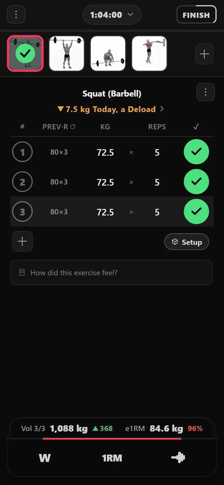 Durata applying an automatic 10 percent deload, dropping squat from 80 kg to 72.5 kg