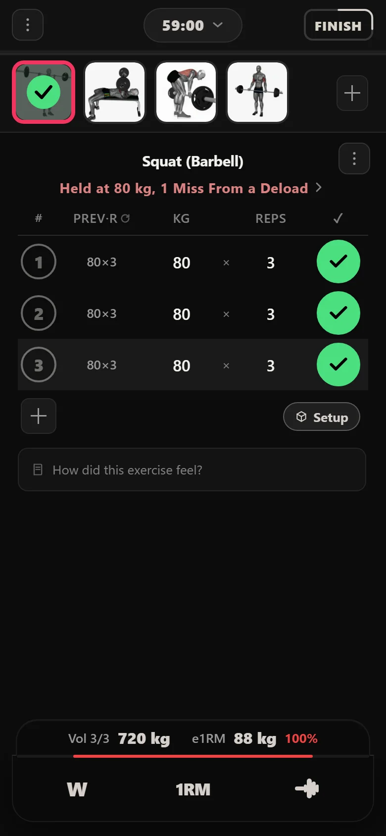 A missed squat session in Durata: 80 kg for three reps instead of five