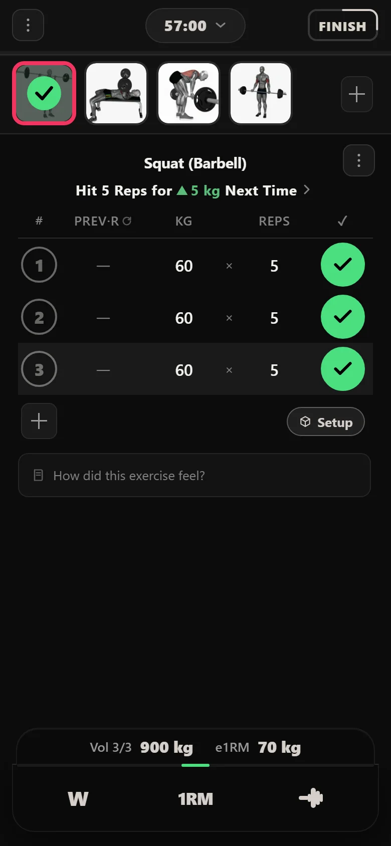 First squat session in Durata at 60 kg with the linear progression chip visible