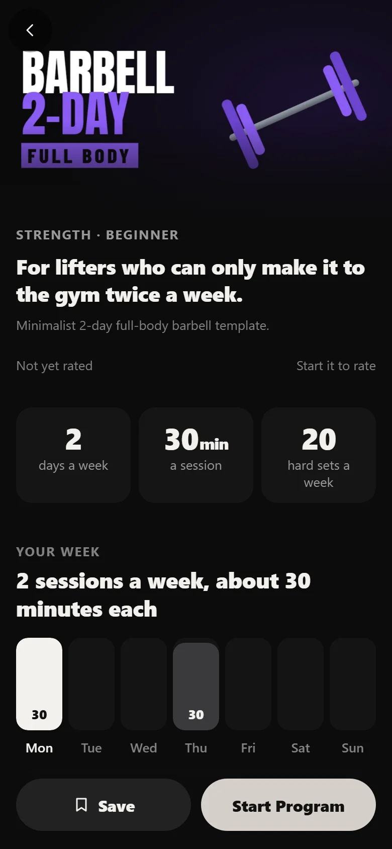The 2-Day Barbell Full Body program page in Durata showing the schedule and progression rule