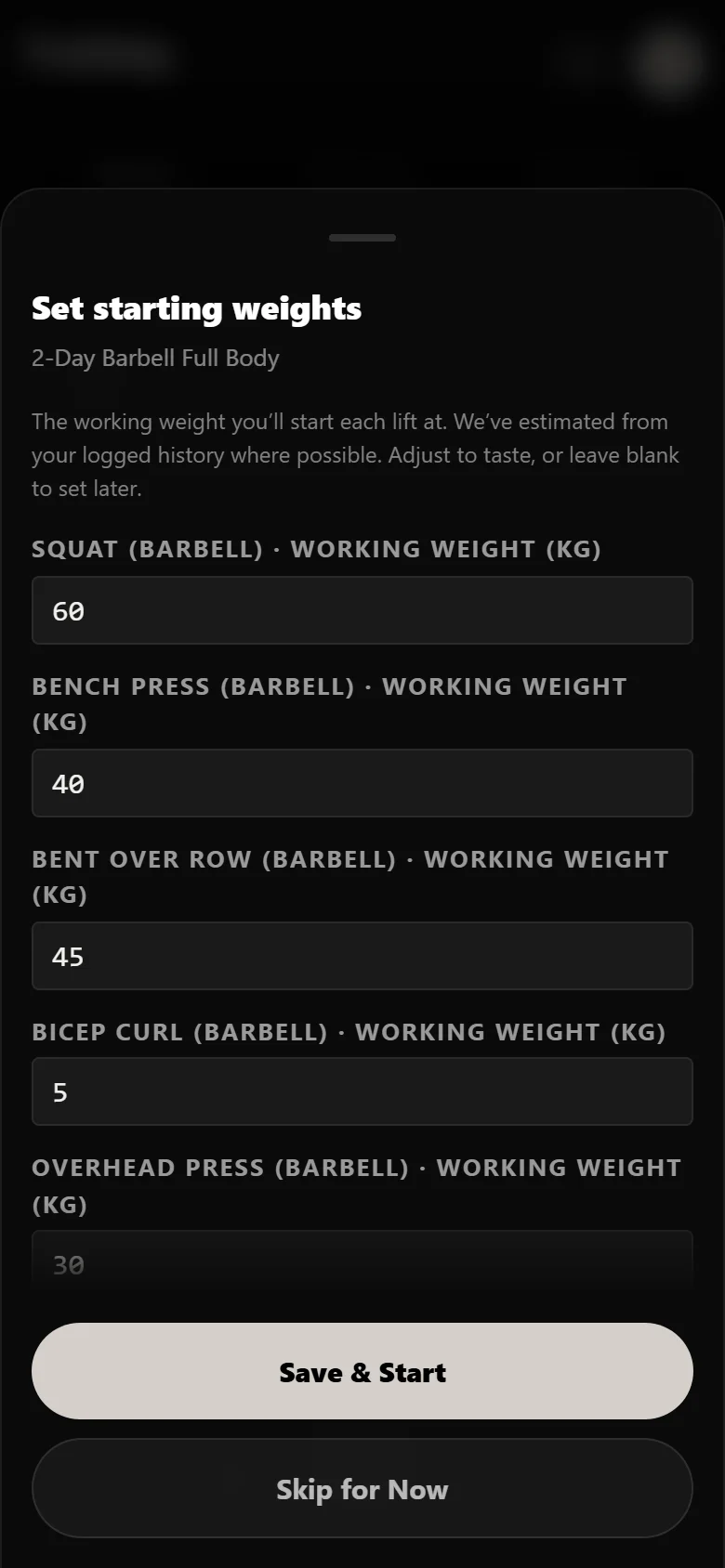 Setting starting working weights for a 2-day full body program in Durata, squat at 60 kg