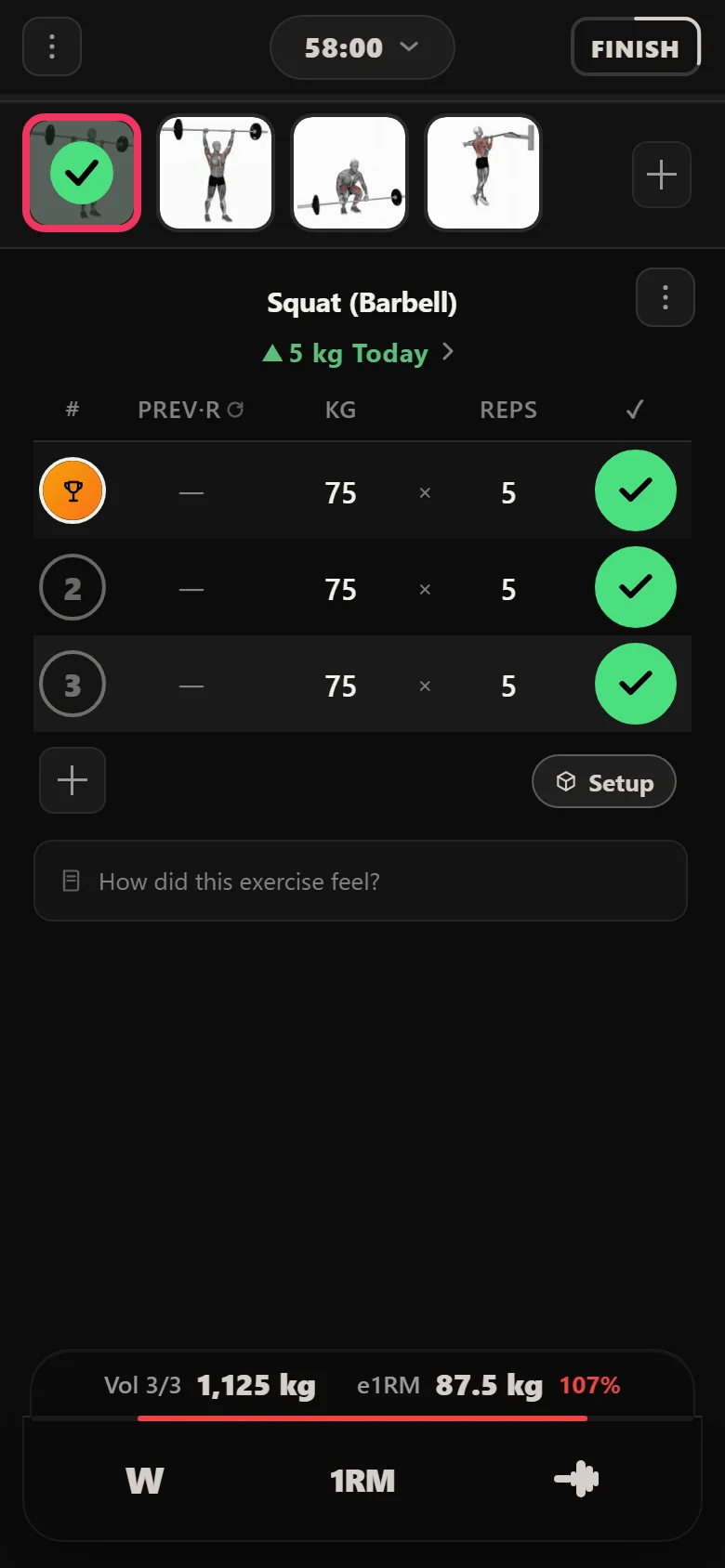 Squat at 75 kg for three sets of five after four sessions of linear progression in Durata