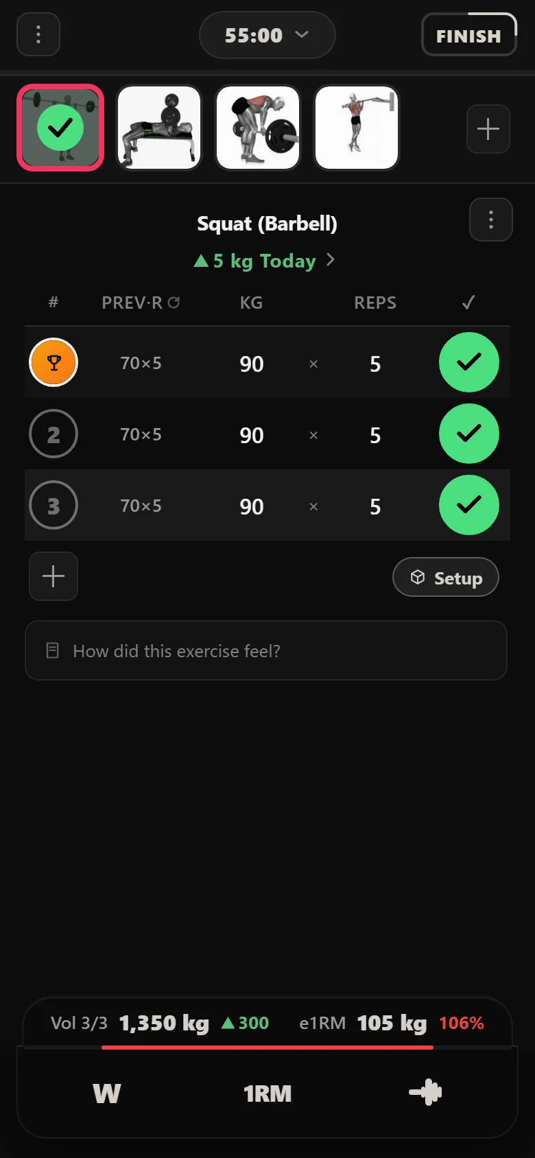 Durata logger: squat at 90 kg for three sets of five on the last session of the block