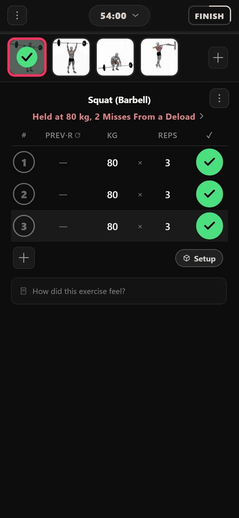 A missed squat session in Durata: three sets of 80 kg for 3 reps, with the chip reading held at 80 kg