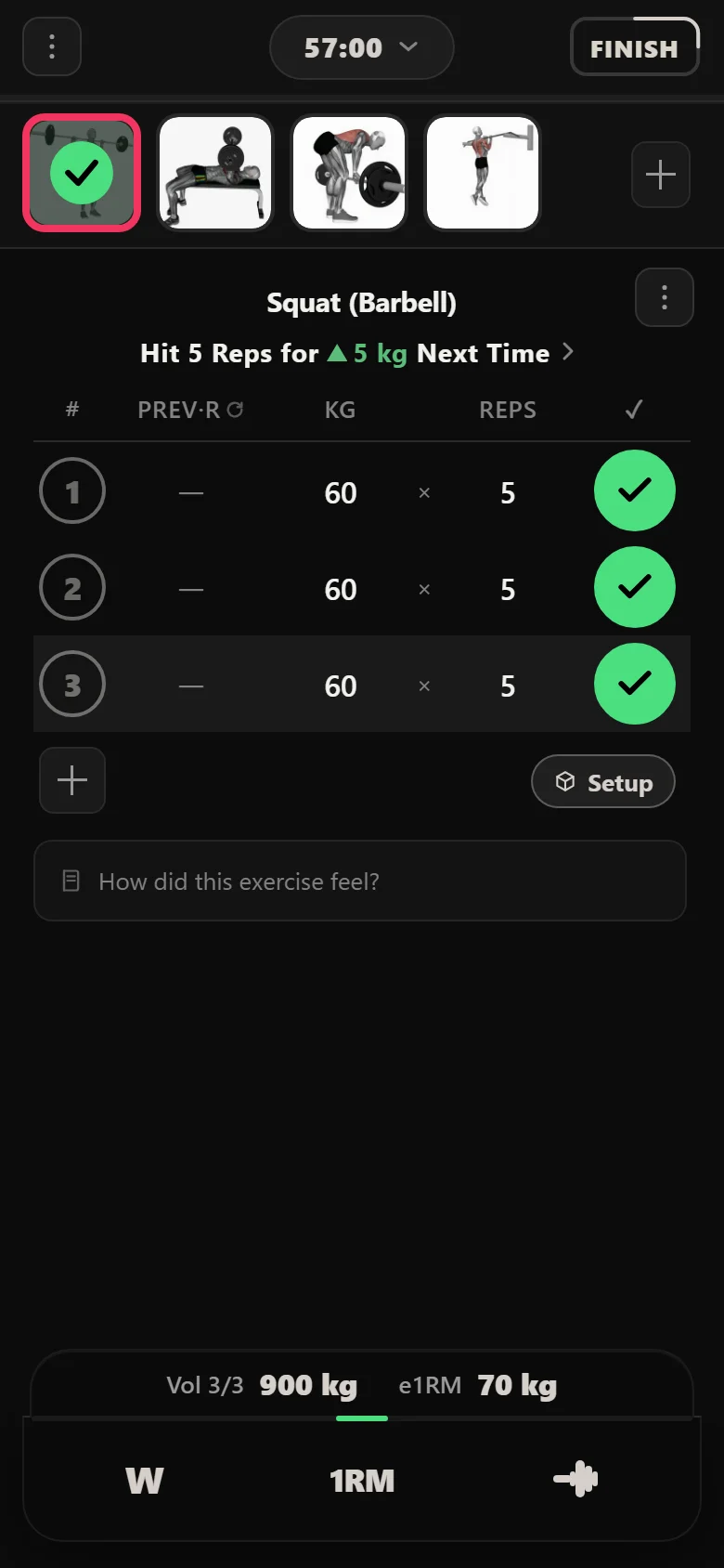 Squat session in Durata at 60 kg for three sets of five with the LP rule chip visible