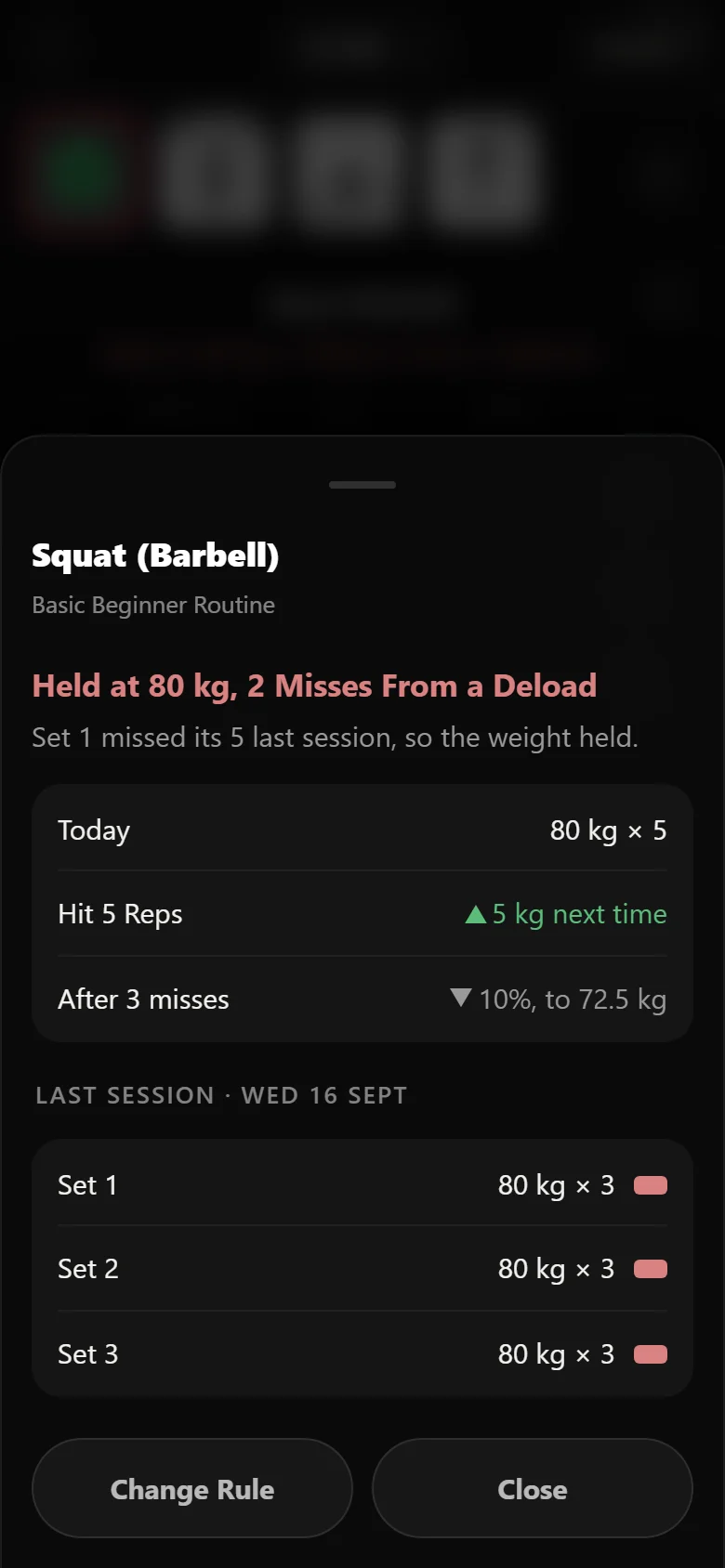 Durata why-sheet for the squat, quoting the missed sets and the 72.5 kg a third miss would cut the weight to
