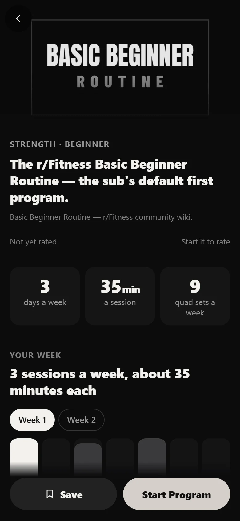 The Basic Beginner Routine program page in Durata showing the week of sessions before you start