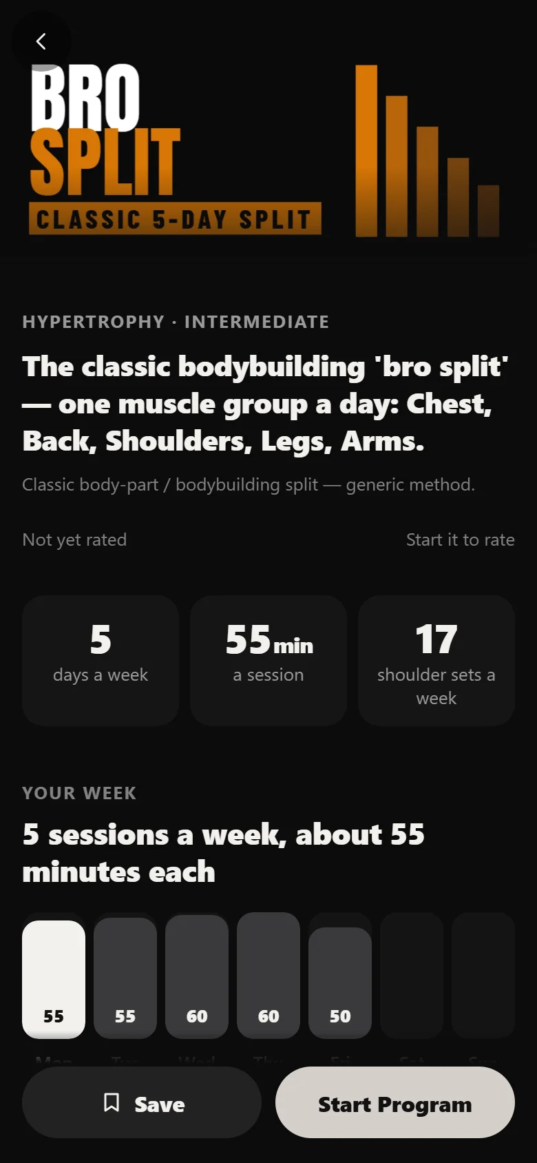 The Bro Split program page in Durata showing the five training days