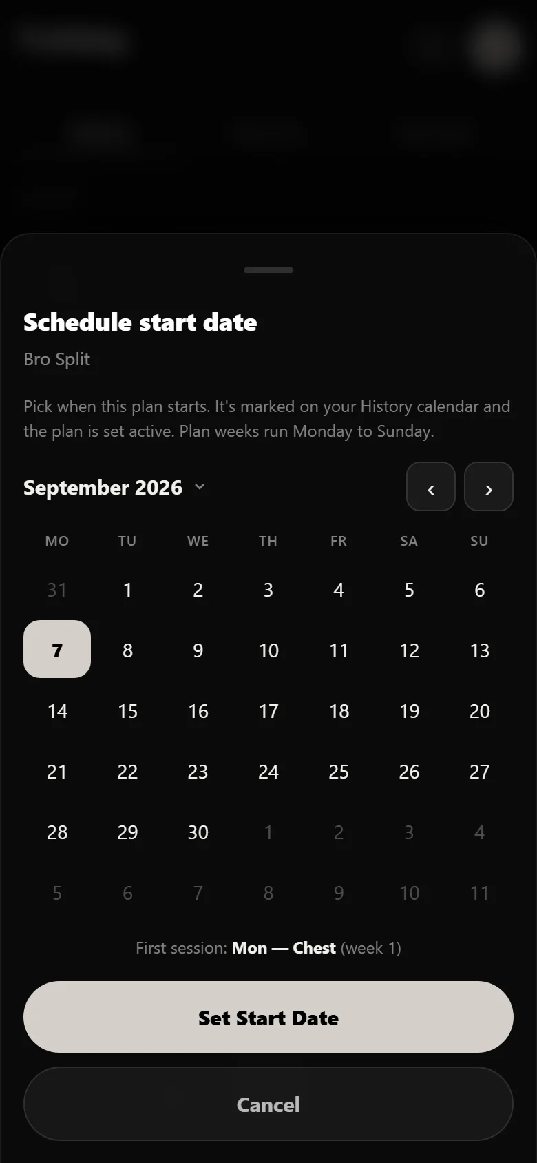Scheduling the Bro Split start date on the Durata calendar