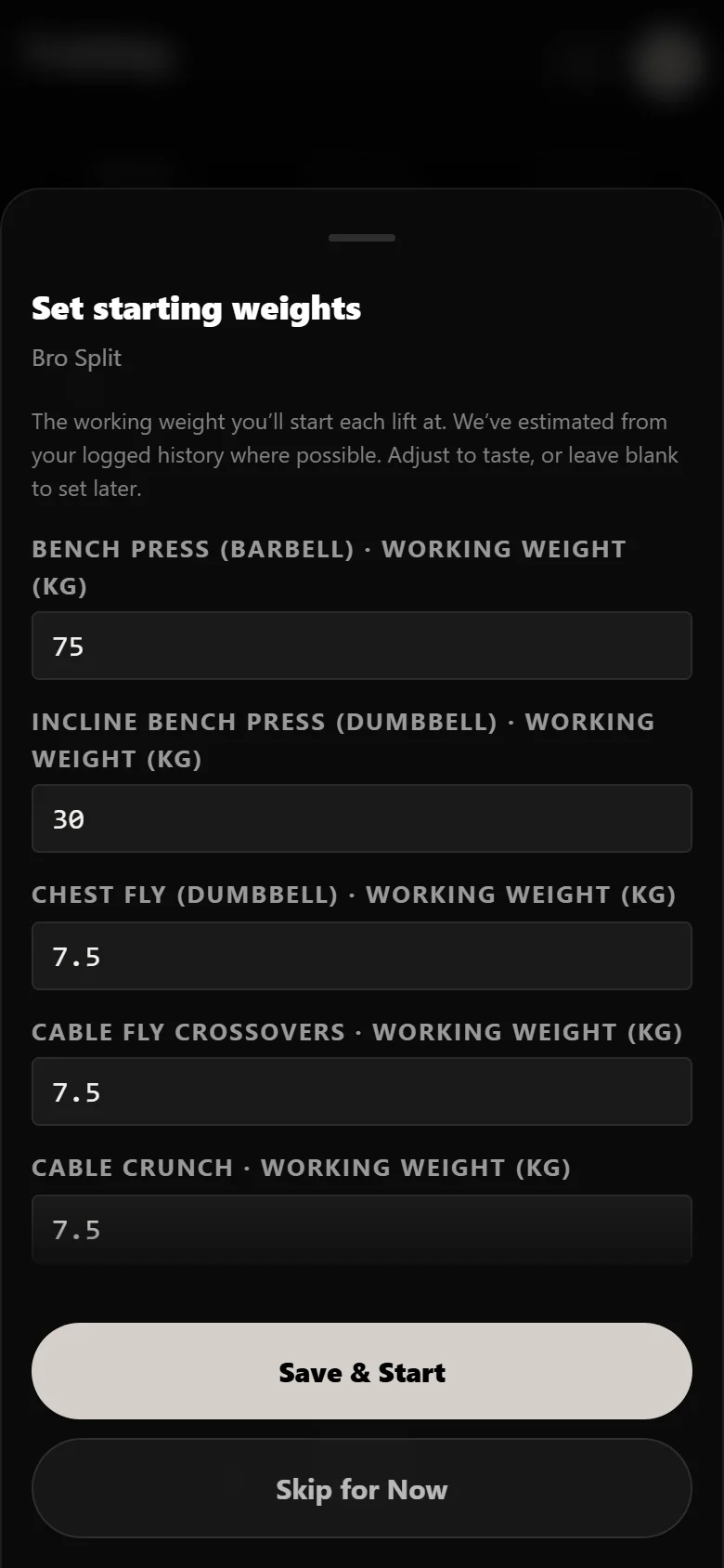 Setting starting weights when beginning Bro Split in Durata