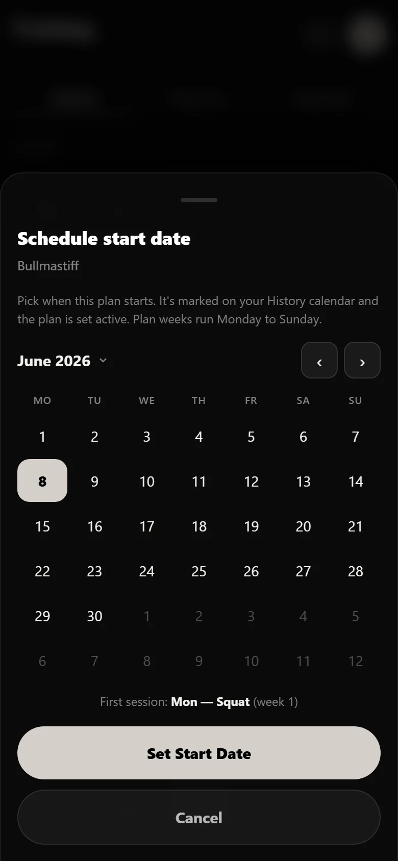 Choosing a start date for a Bullmastiff block in Durata