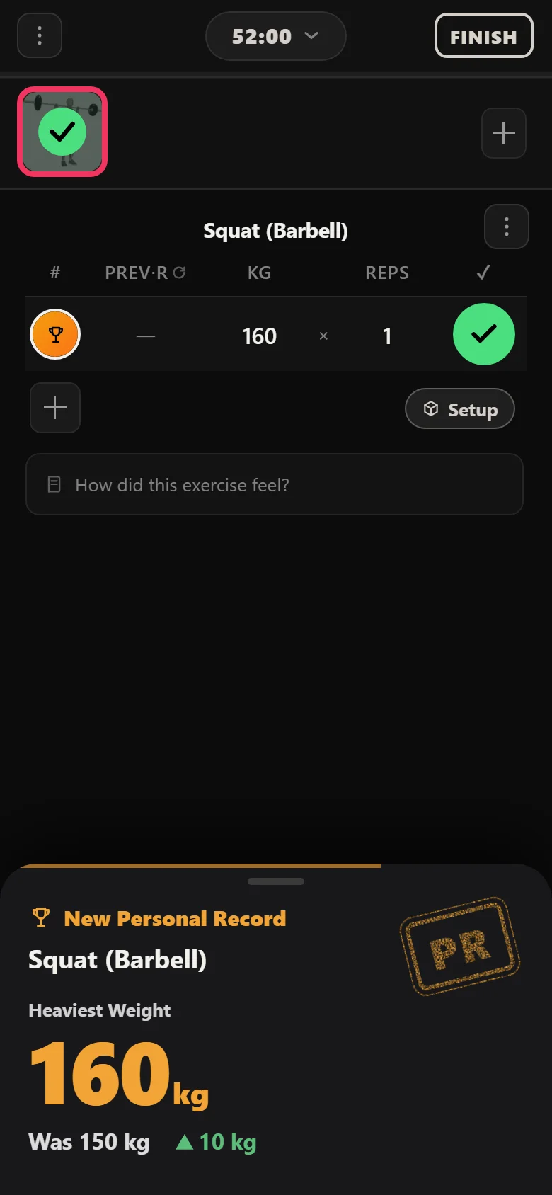 Durata logger: Squat (Barbell) at 160 kg