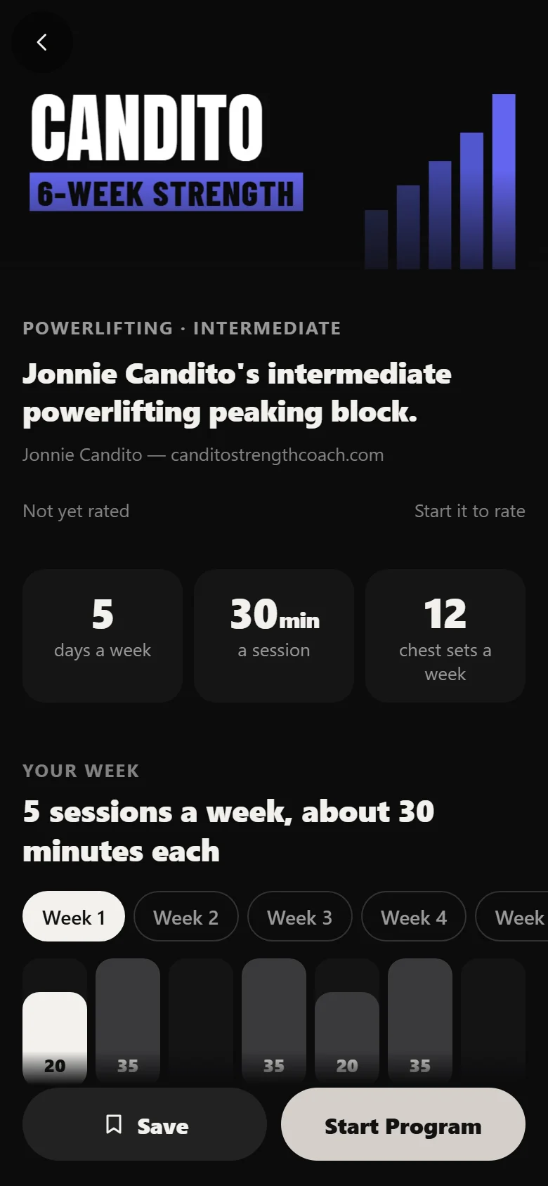Candito 6 Week Strength program detail screen in Durata