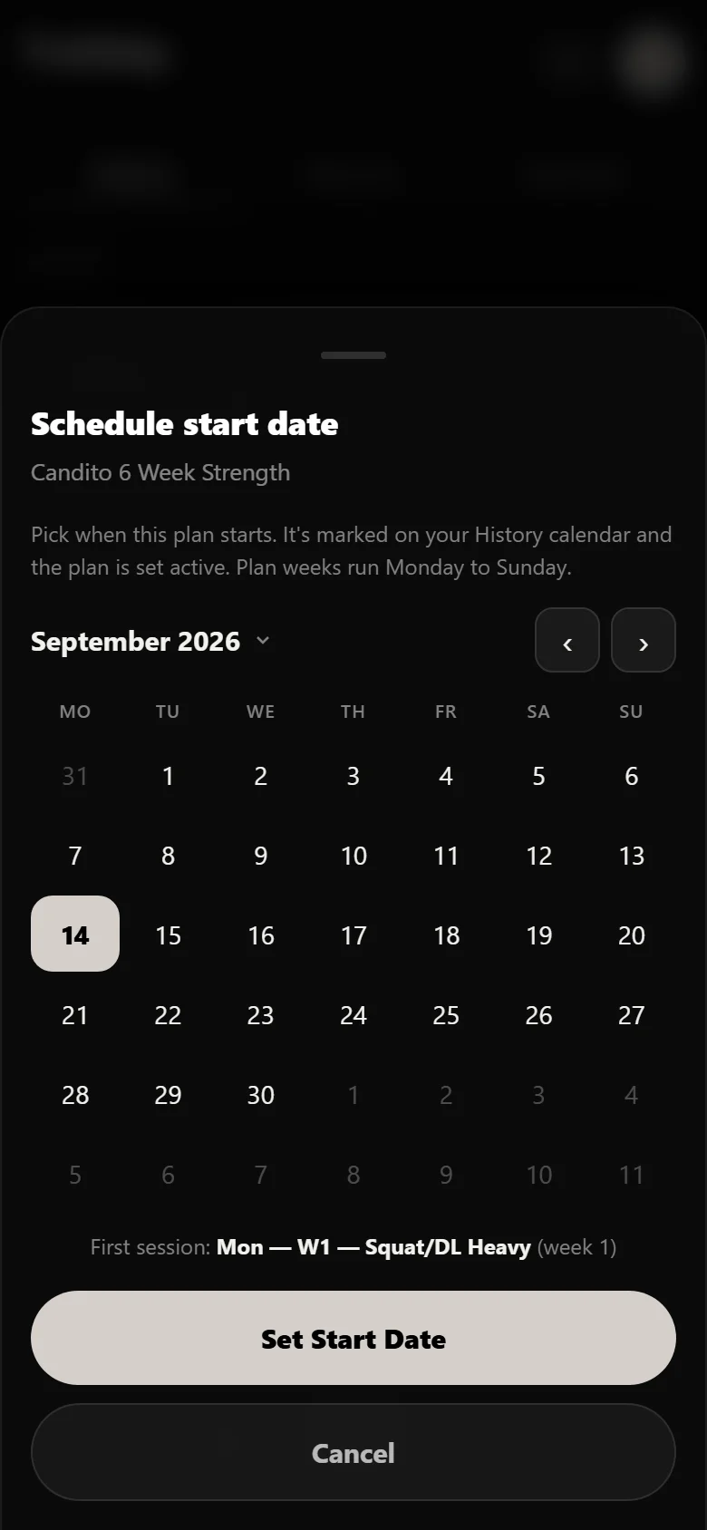 Choosing a start date for a Candito 6 Week Strength block in Durata