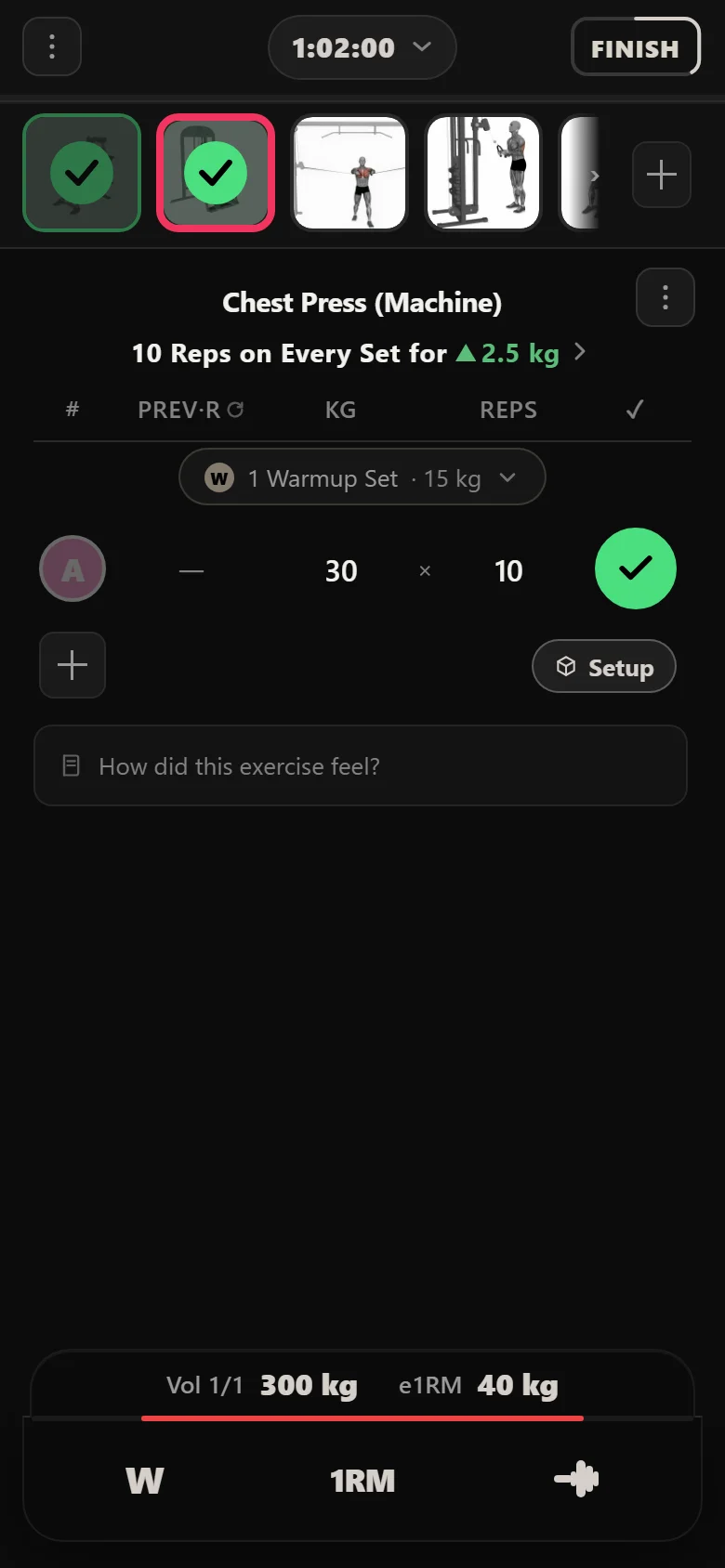 Chest Press (Machine) at 30 kg in Durata with a warm-up set above it