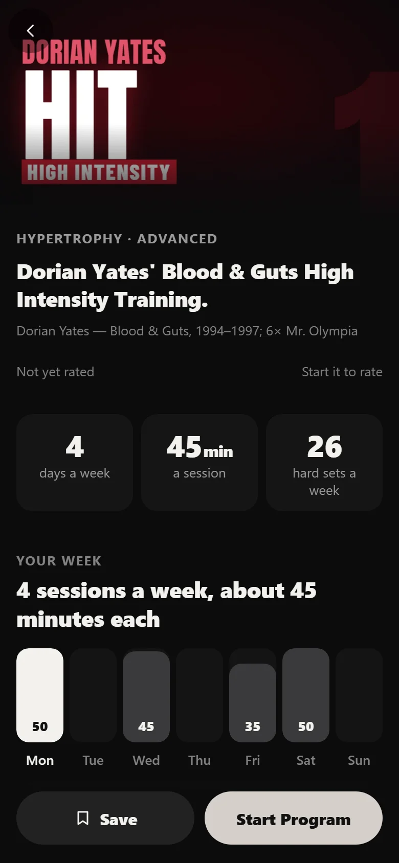 Dorian Yates HIT program detail screen in Durata