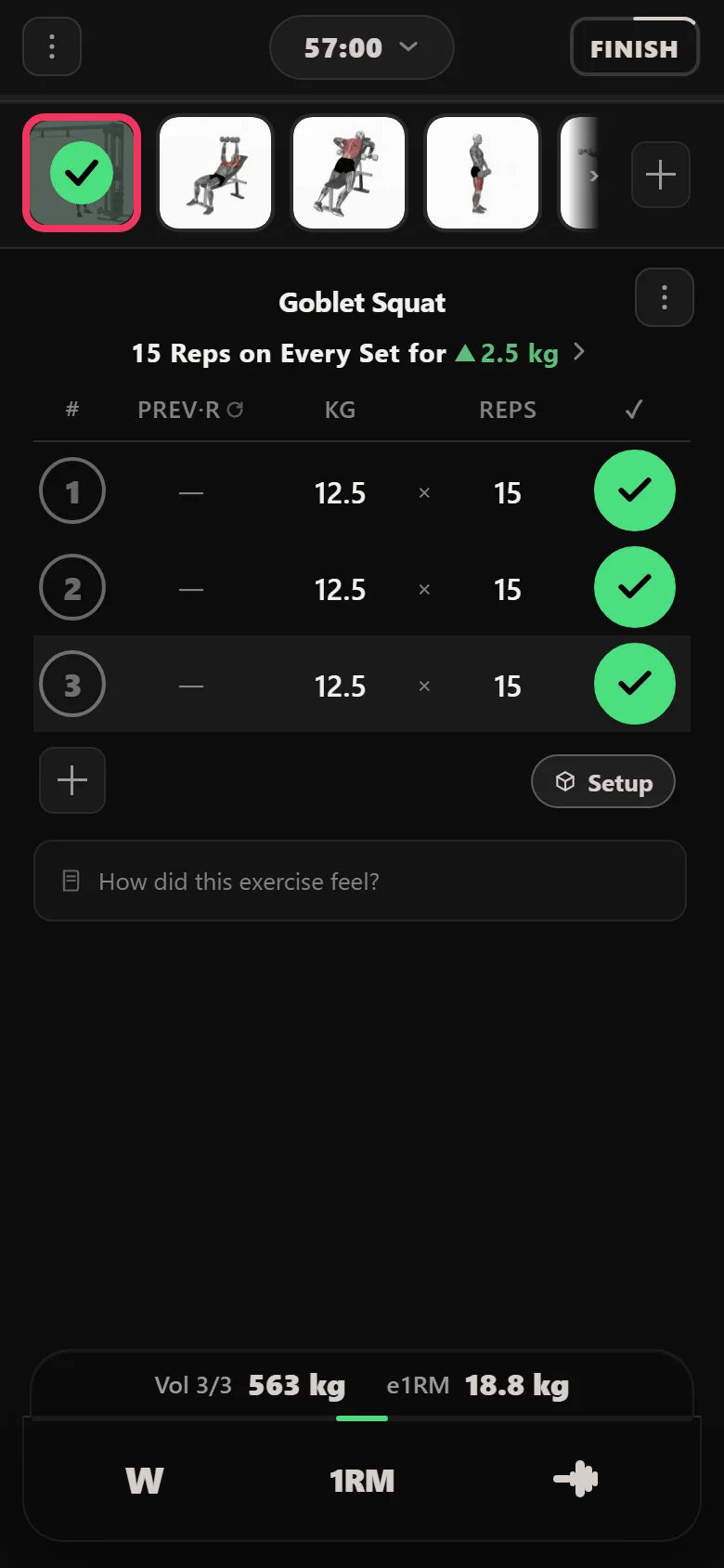 Goblet Squat session in Durata at 12.5 kg with the double progression chip