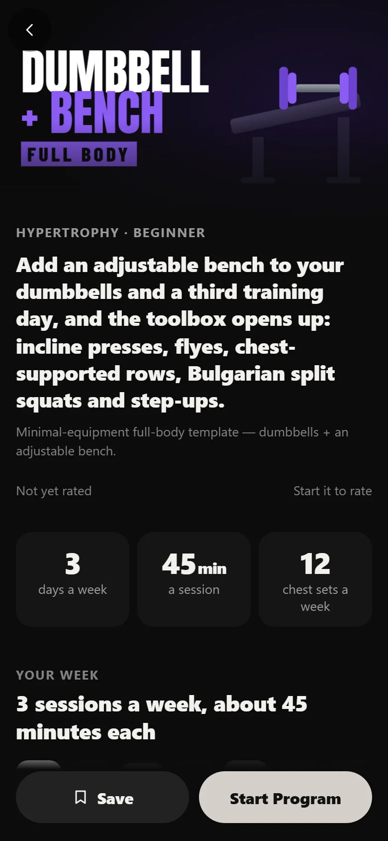 The Dumbbell + Bench Full Body program page in Durata showing the three training days