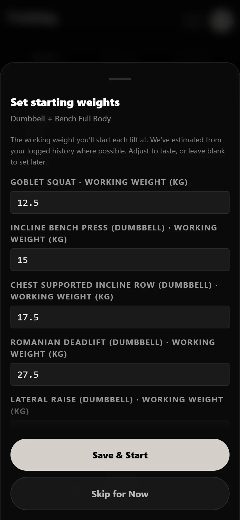 Setting starting weights when beginning Dumbbell + Bench Full Body in Durata