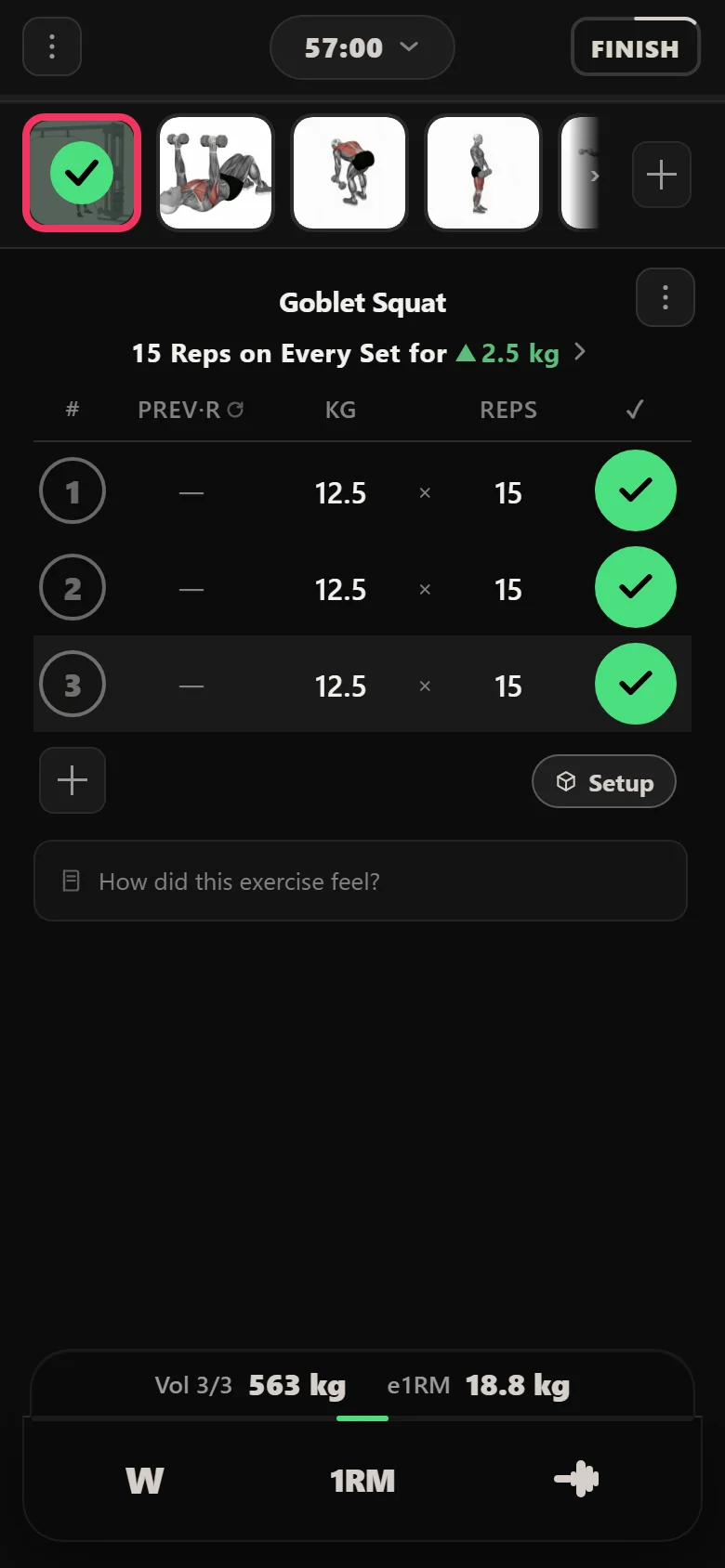 Goblet Squat session in Durata at 12.5 kg with the double progression chip
