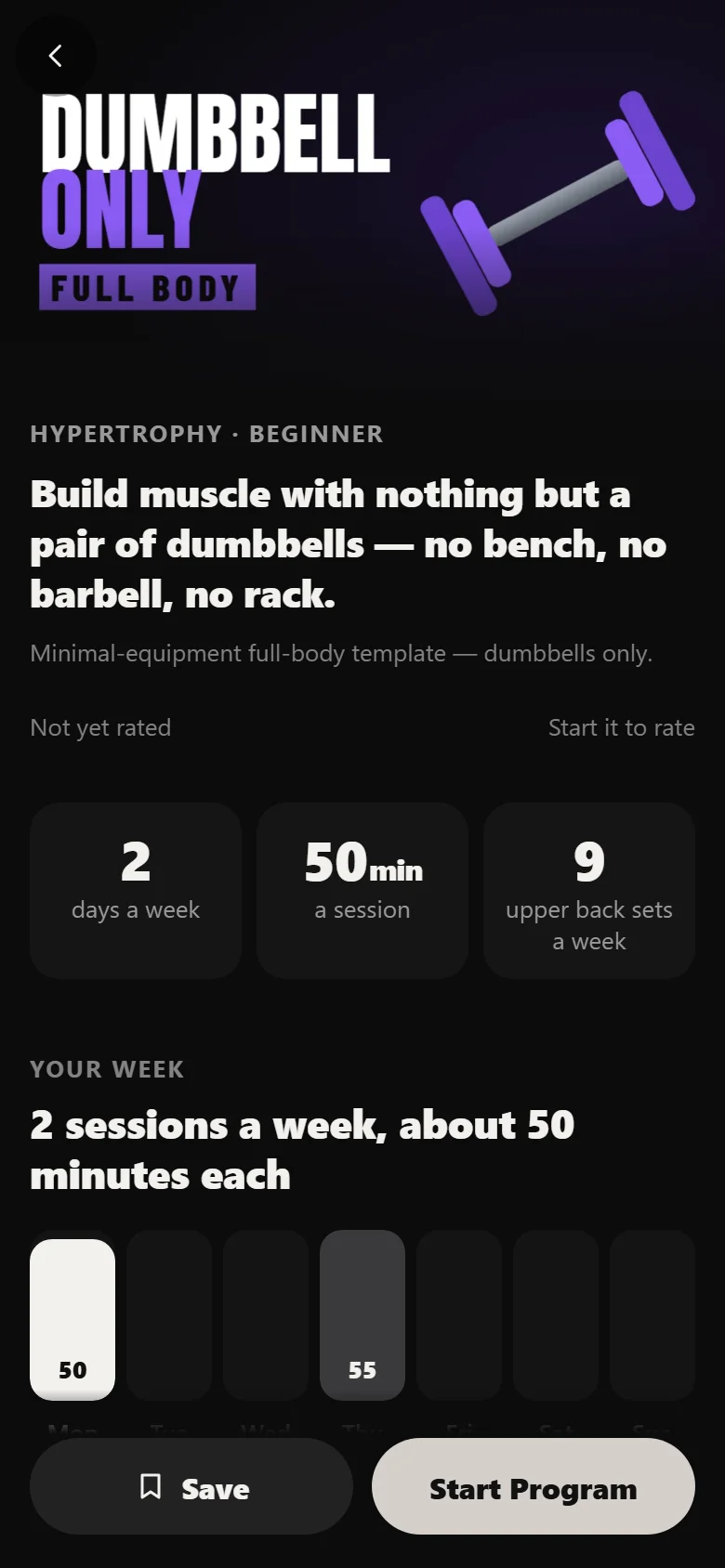 The Dumbbell Only Full Body program page in Durata showing the two training days