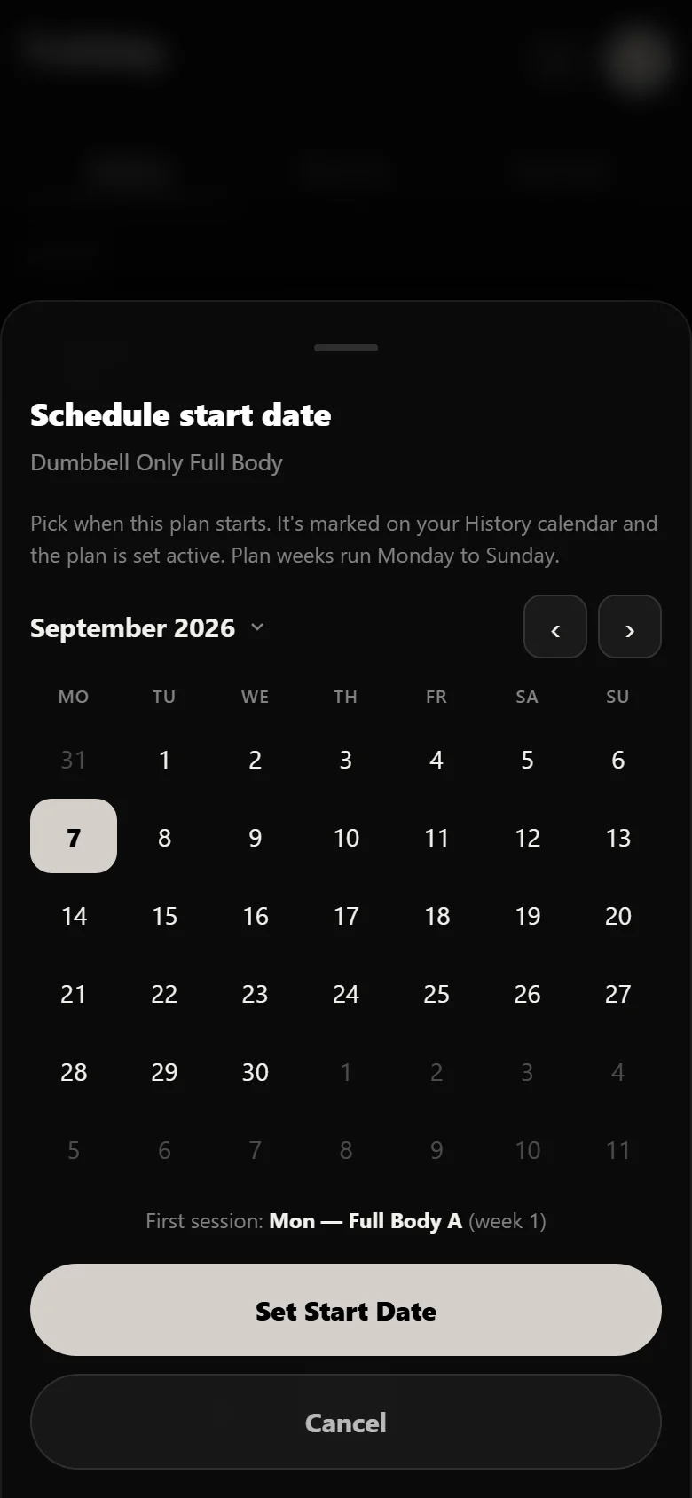 Scheduling the Dumbbell Only Full Body start date on the Durata calendar