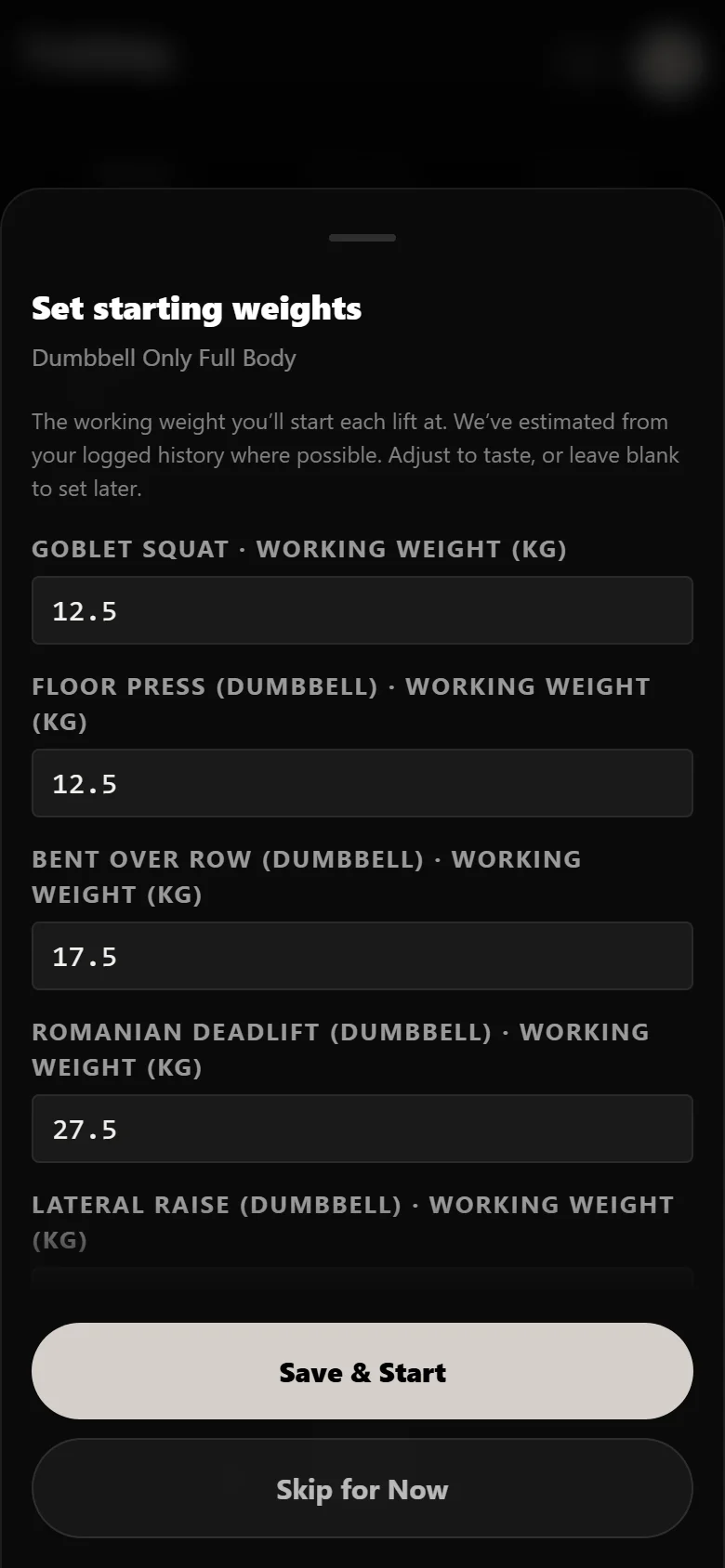 Setting starting weights when beginning Dumbbell Only Full Body in Durata