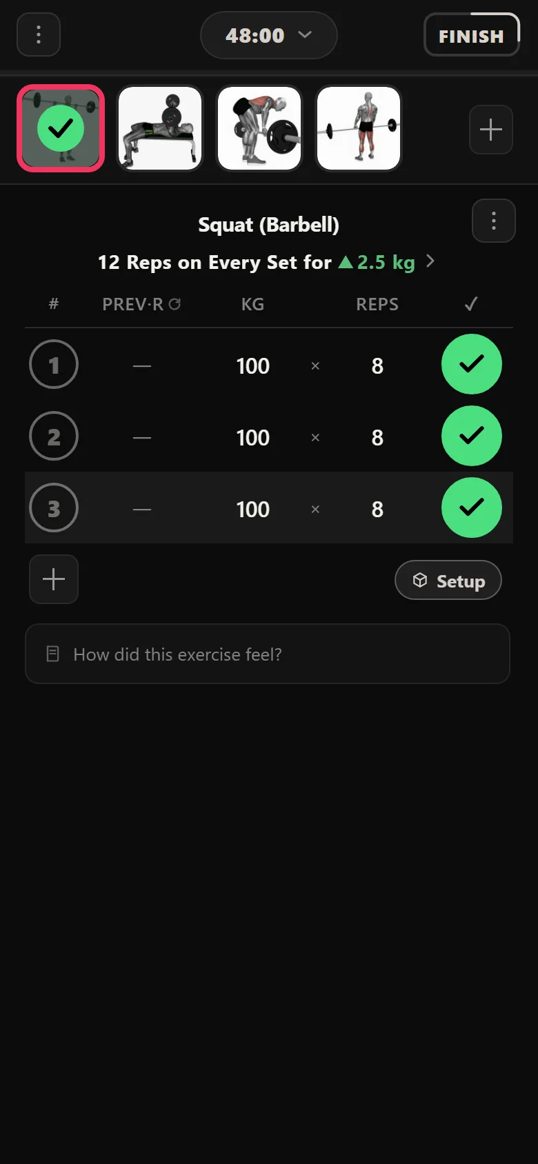 28-Day Shred squat session in Durata: 3 sets of 8 at 100 kg with the double-progression chip visible