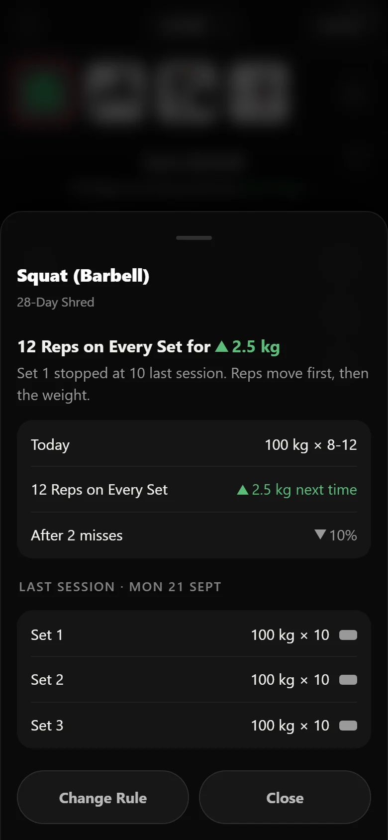 Durata rule sheet for the squat: 12 reps on every set for 2.5 kg