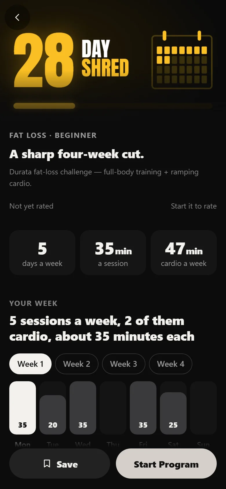 The 28-Day Shred program page in Durata showing the full-body split and cardio days
