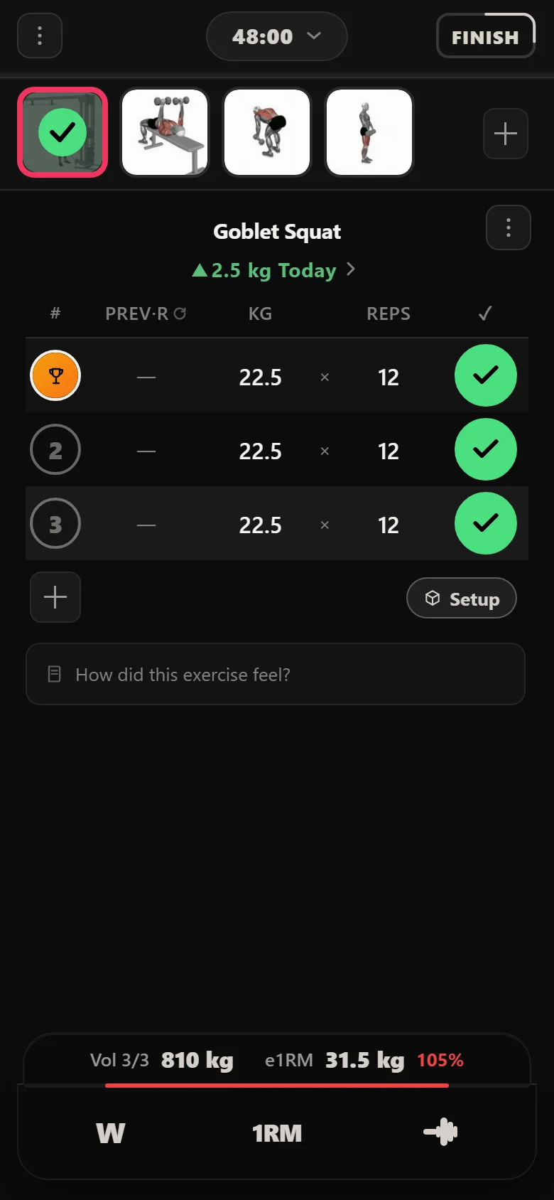 Goblet Squat in Durata at 22.5 kg after the increment