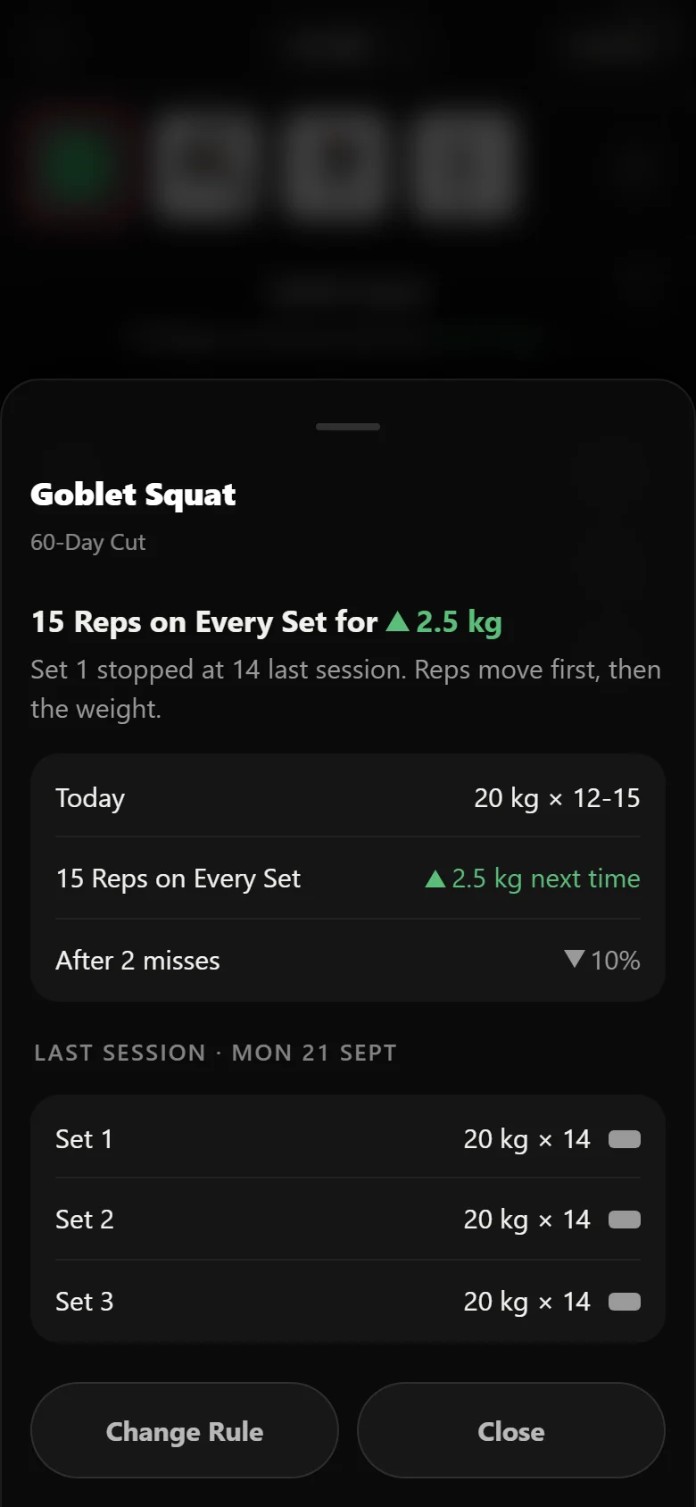 Durata rule sheet for the goblet squat: 15 reps on every set for 2.5 kg