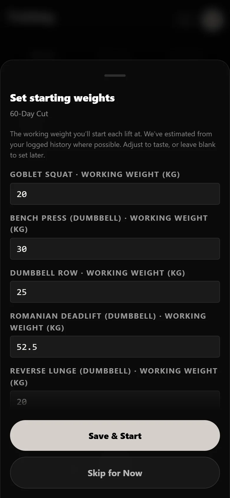 Setting starting working weights when beginning the 60-Day Cut in Durata