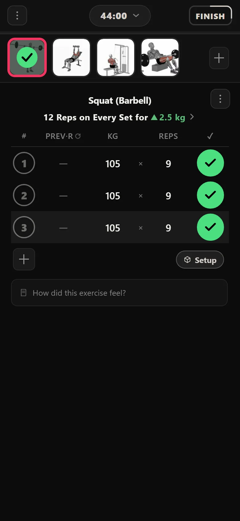Barbell squat at 105 kg for 9 reps on the last session of the run in Durata